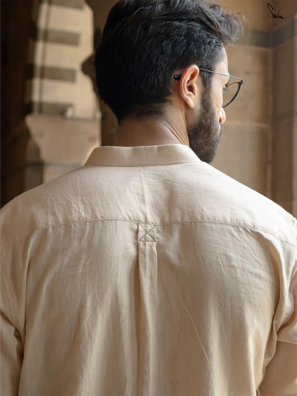 Beige Handloom Cotton Full Sleeve Shirt with Mandarin Collar