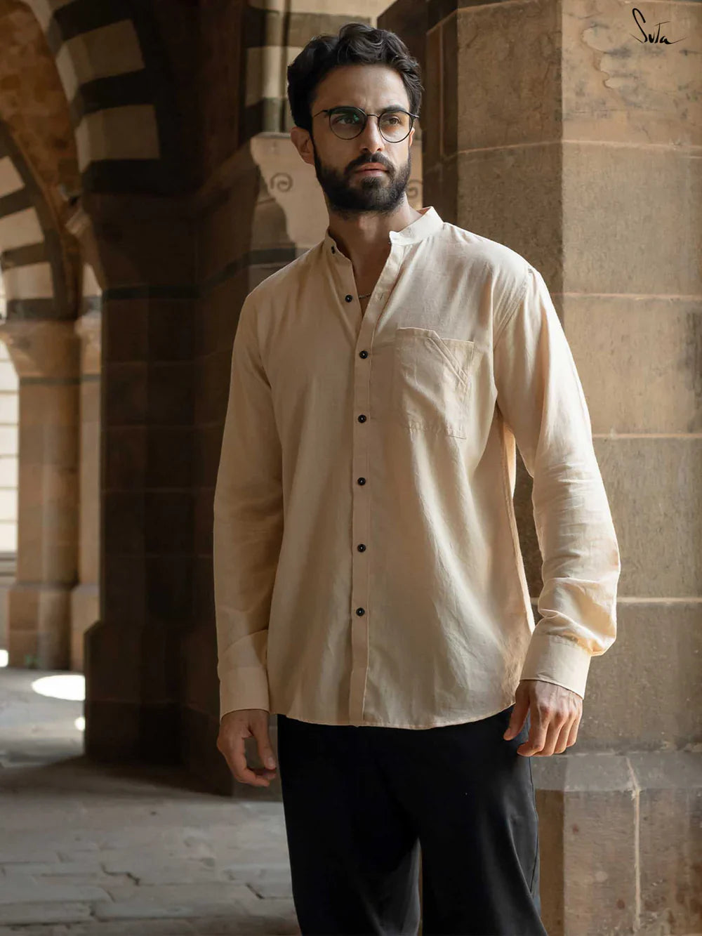 Beige Handloom Cotton Full Sleeve Shirt with Mandarin Collar