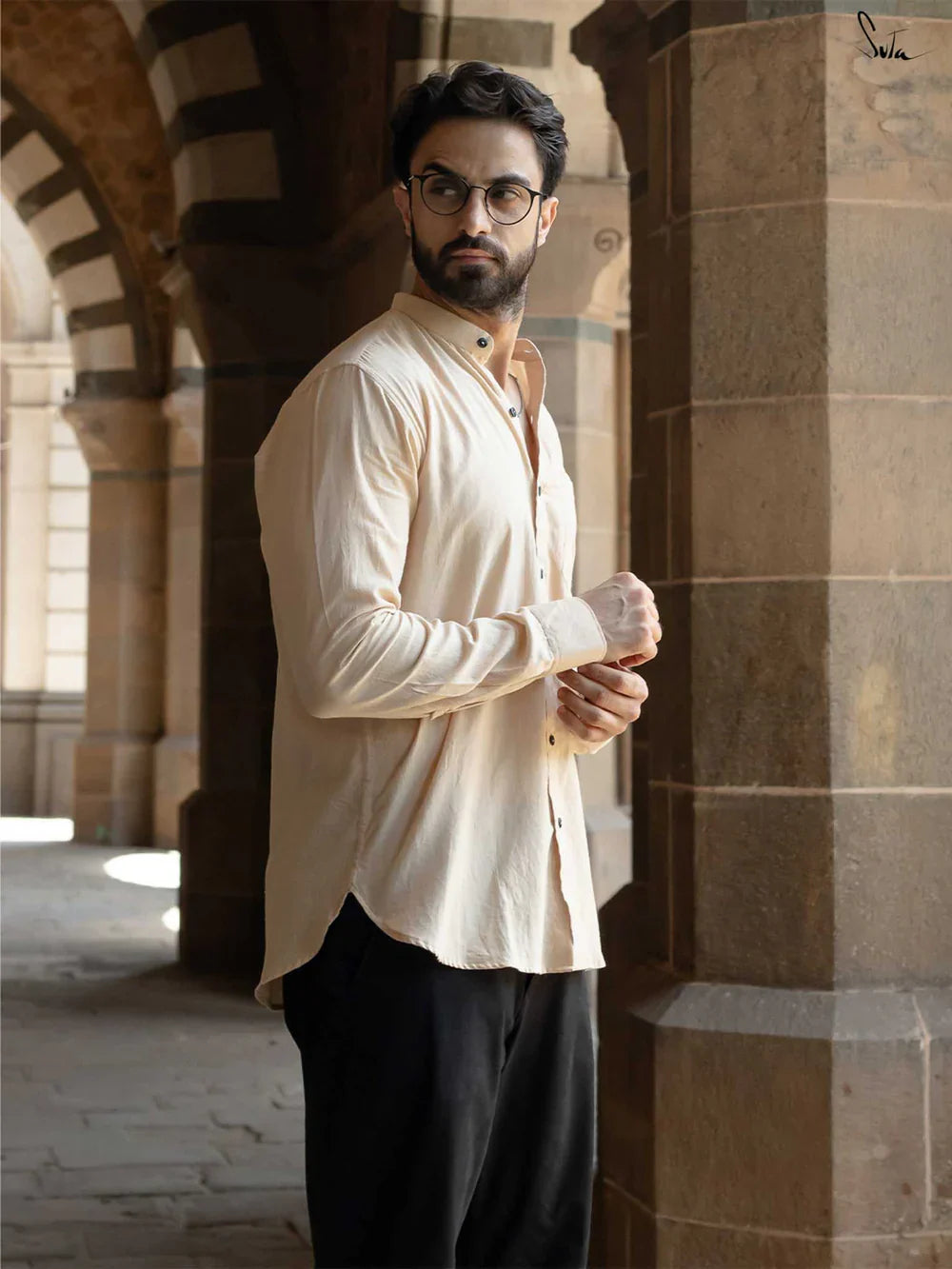 Beige Handloom Cotton Full Sleeve Shirt with Mandarin Collar