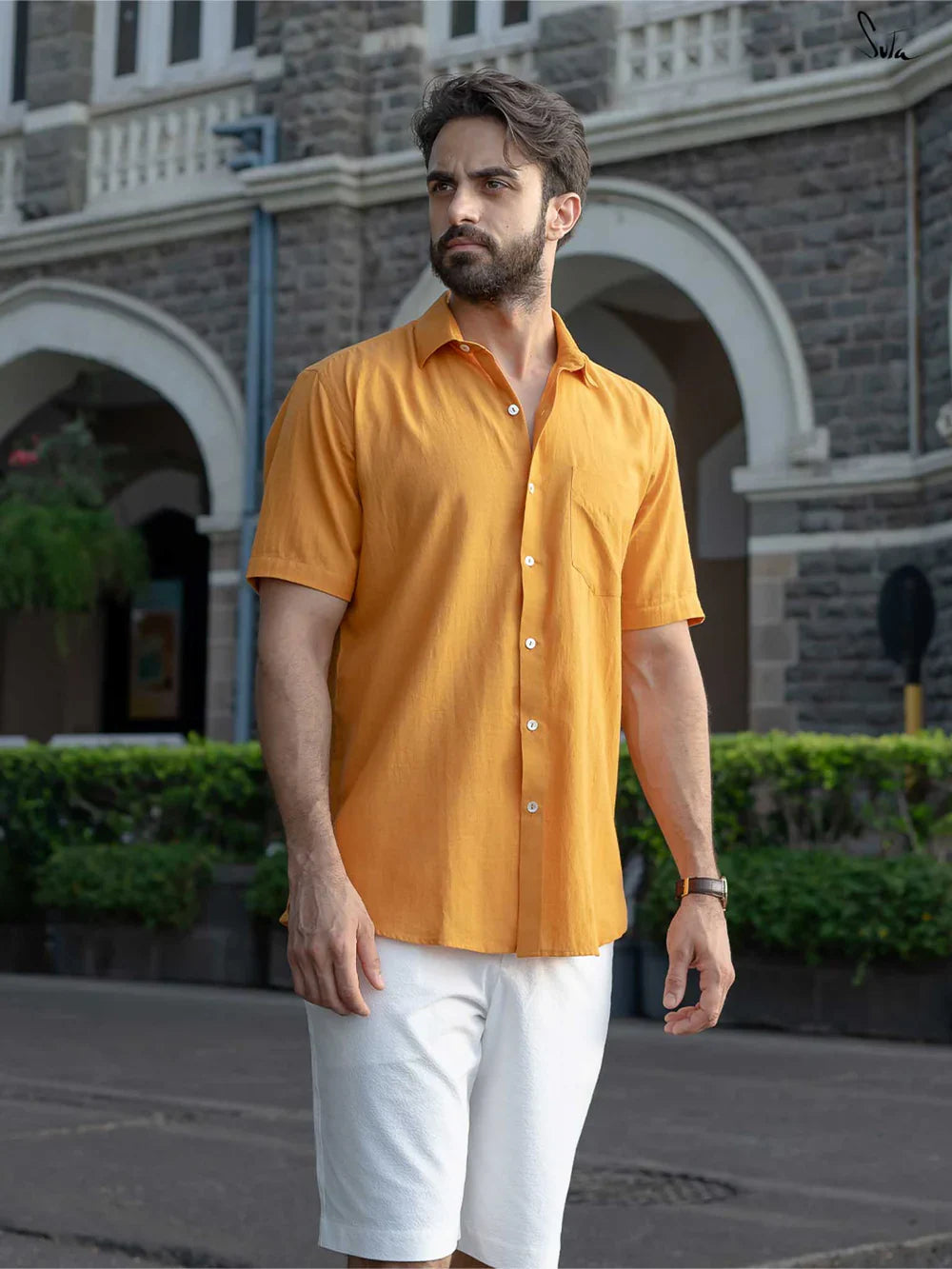 Mustard Yellow Handloom Cotton Short Sleeve Shirt with Pocket