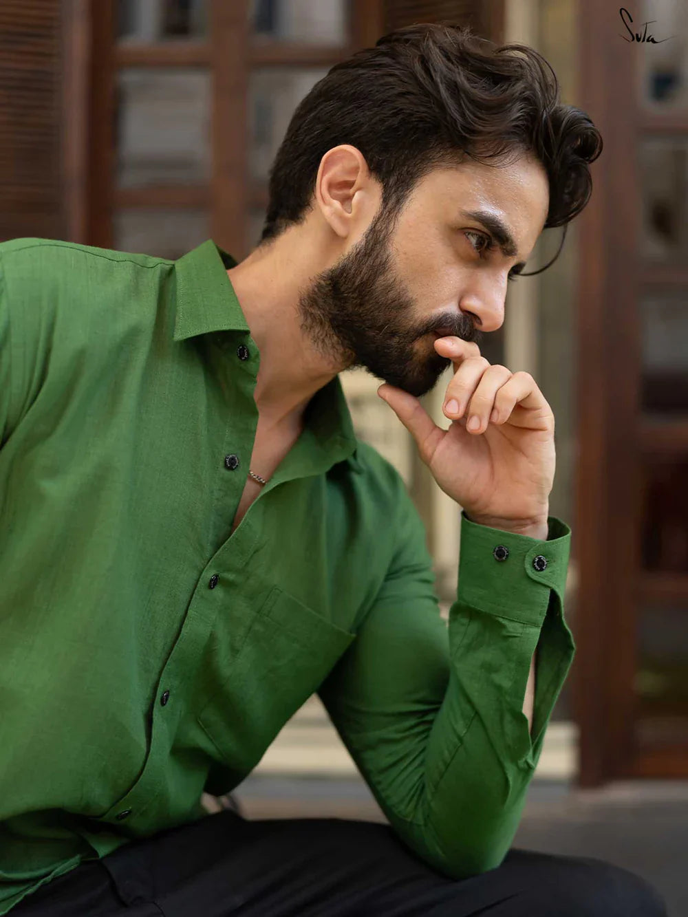 Green Handloom Cotton Full Sleeve Classic Shirt with Pocket