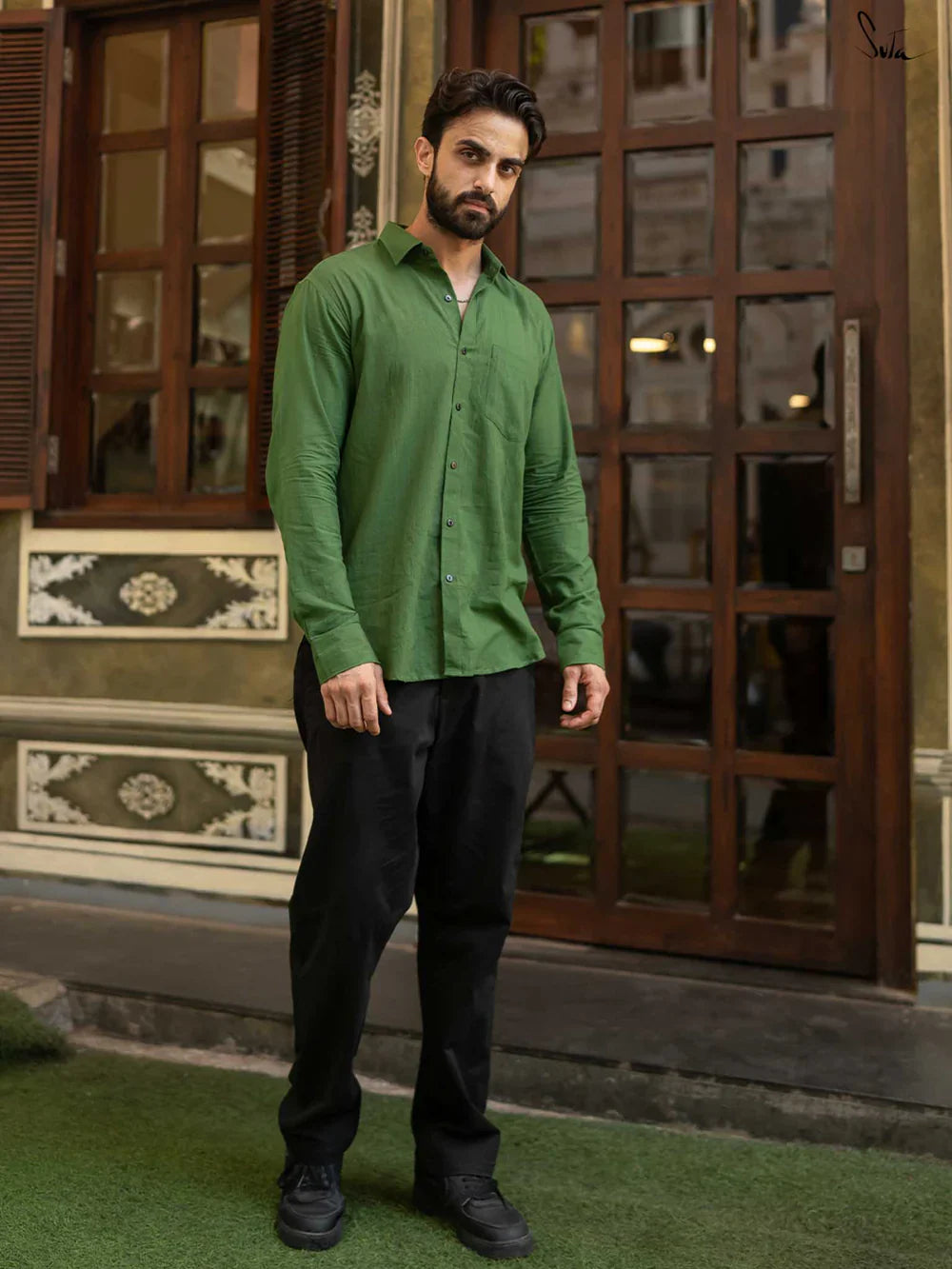 Green Handloom Cotton Full Sleeve Classic Shirt with Pocket