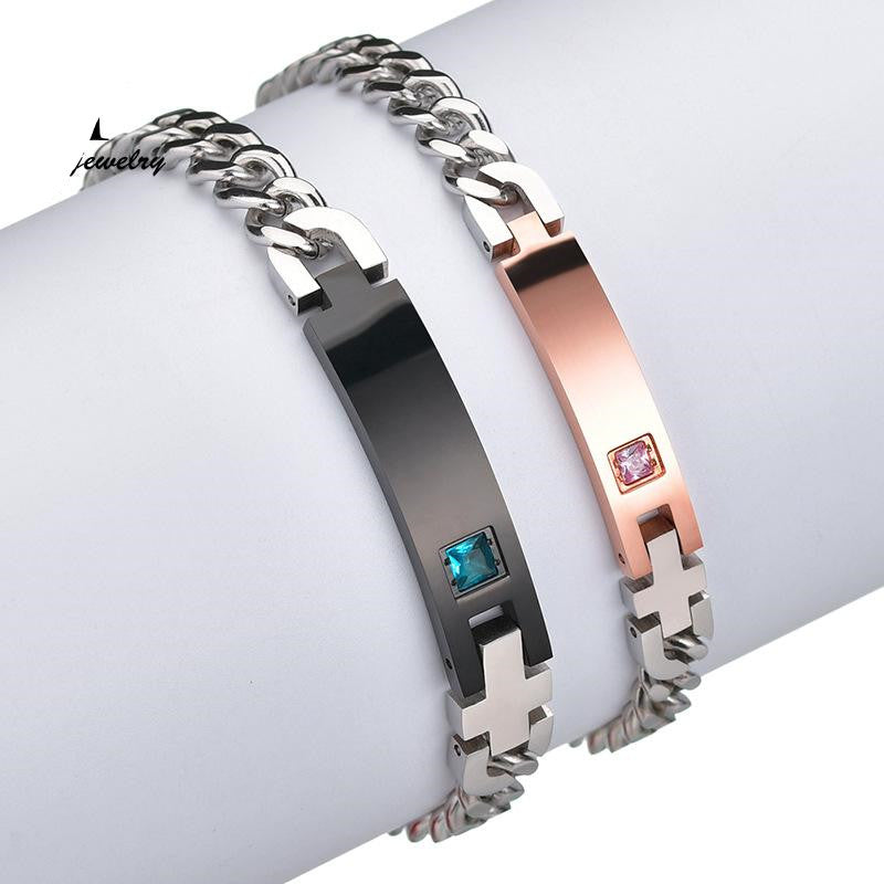Lettering Bracelet Stainless Steel Chain Diamond Couple Id Bracelet - front view