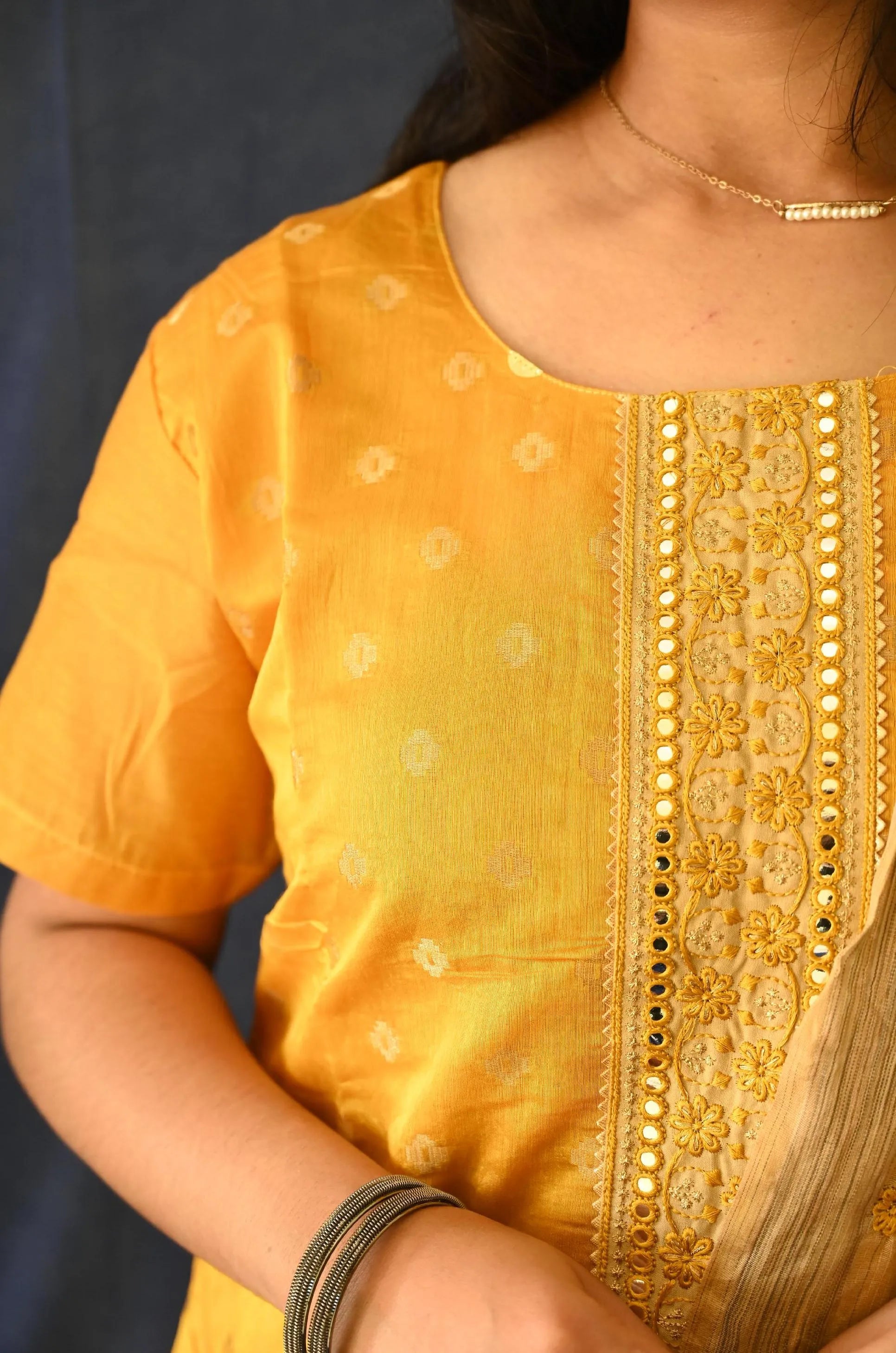 Yellow Embroidered Chanderi Kurti Set With Cotton Dupatta