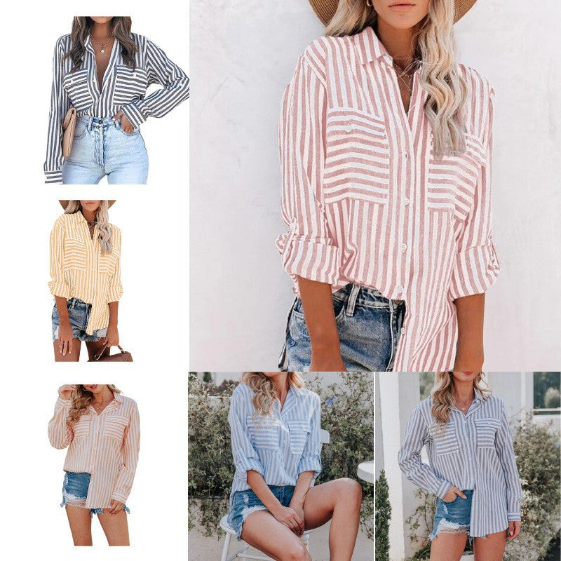 Women's Blouse Long Sleeve Blouses Printing Pocket Fashion Stripe - front view