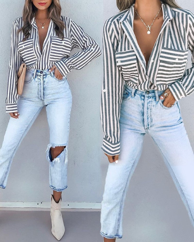 Women's Blouse Long Sleeve Blouses Printing Pocket Fashion Stripe - view 2