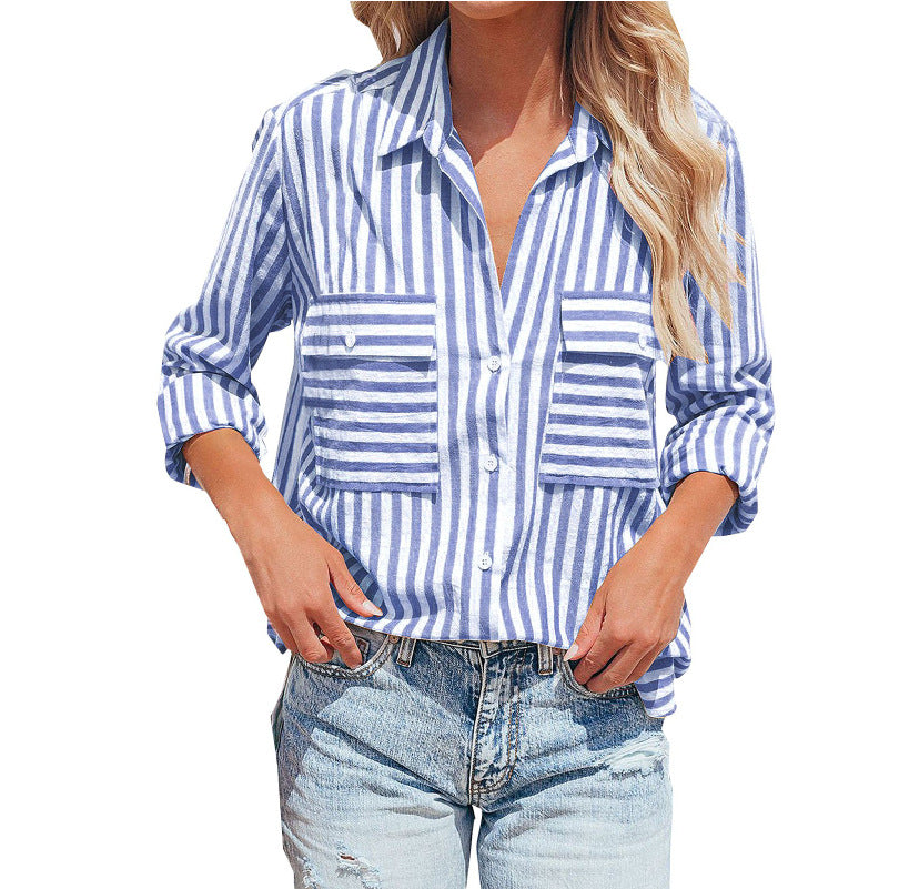 Women's Blouse Long Sleeve Blouses Printing Pocket Fashion Stripe - view 5