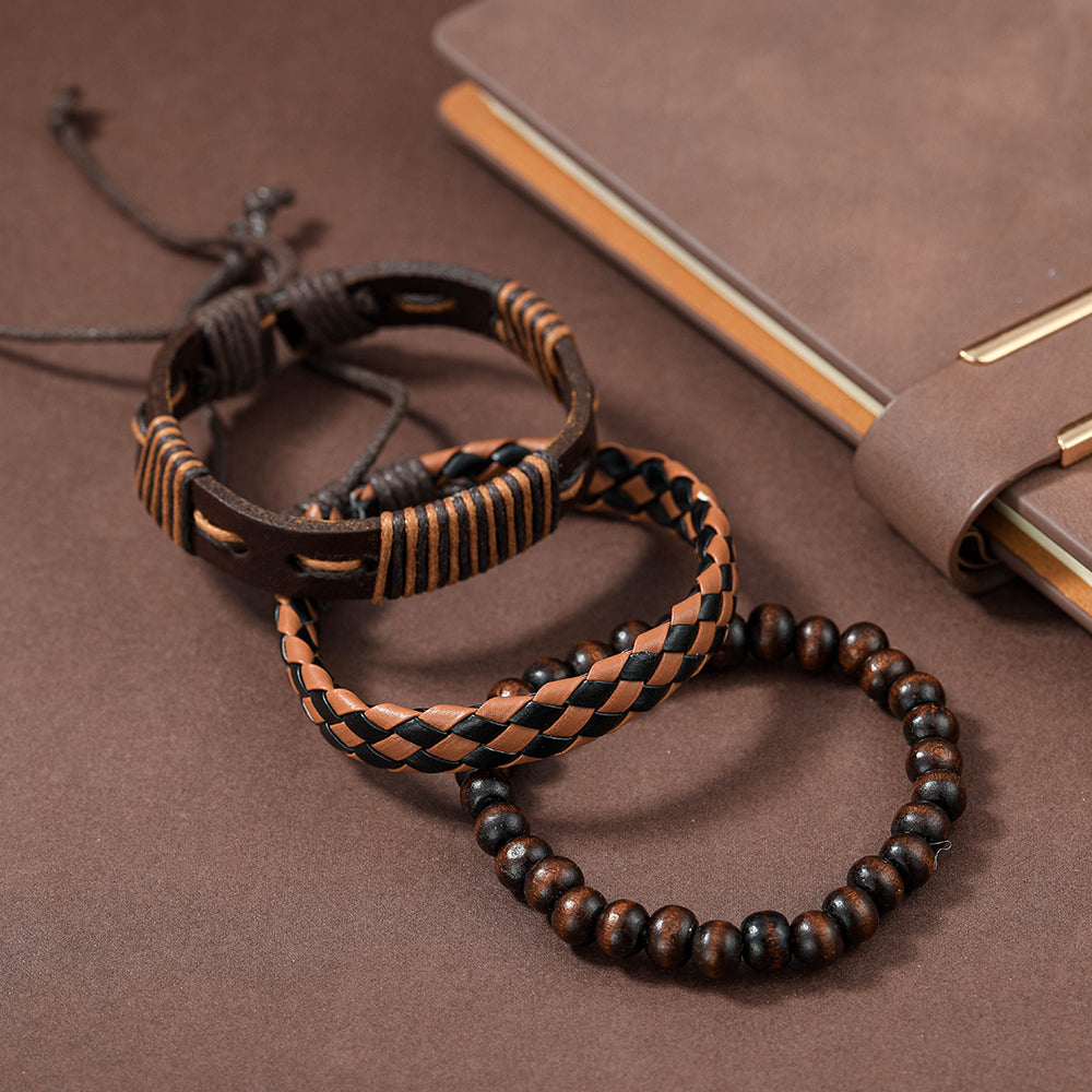 Fashion Beaded Pu Leather Handmade Men's Bracelets - front view