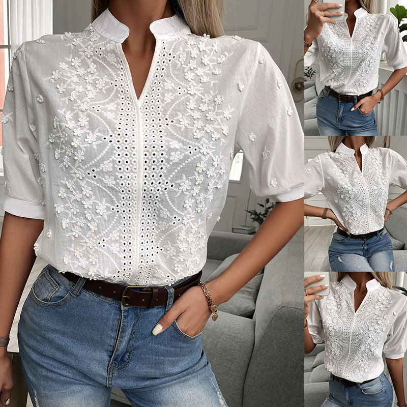 Wholesale Women'S Elegant Solid Color Short Sleeve Blouses - front view