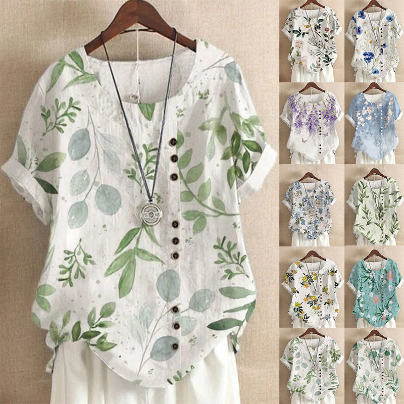 Women's Blouse Short Sleeve Blouses Printing Casual Vintage Style Printing Plant - front view