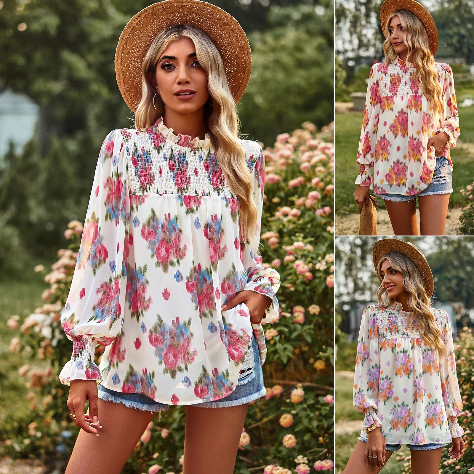 Women's Blouse Long Sleeve Blouses Printing Casual Flower - front view