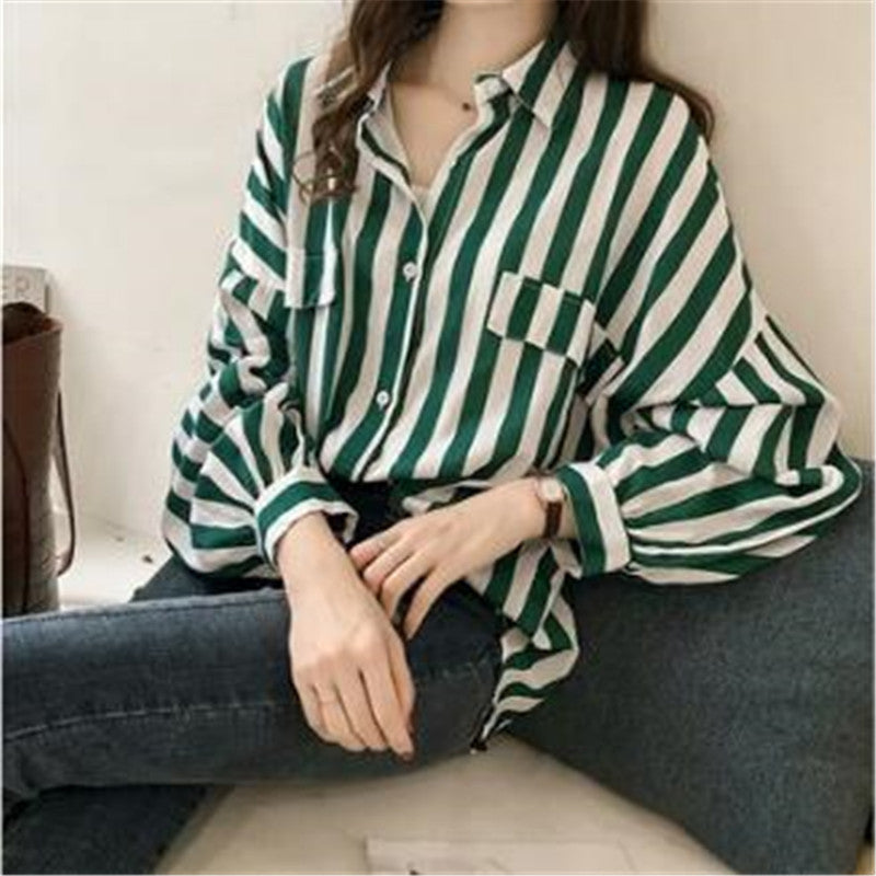 Wholesale Women's Casual Stripe Long Sleeve Blouses - front view