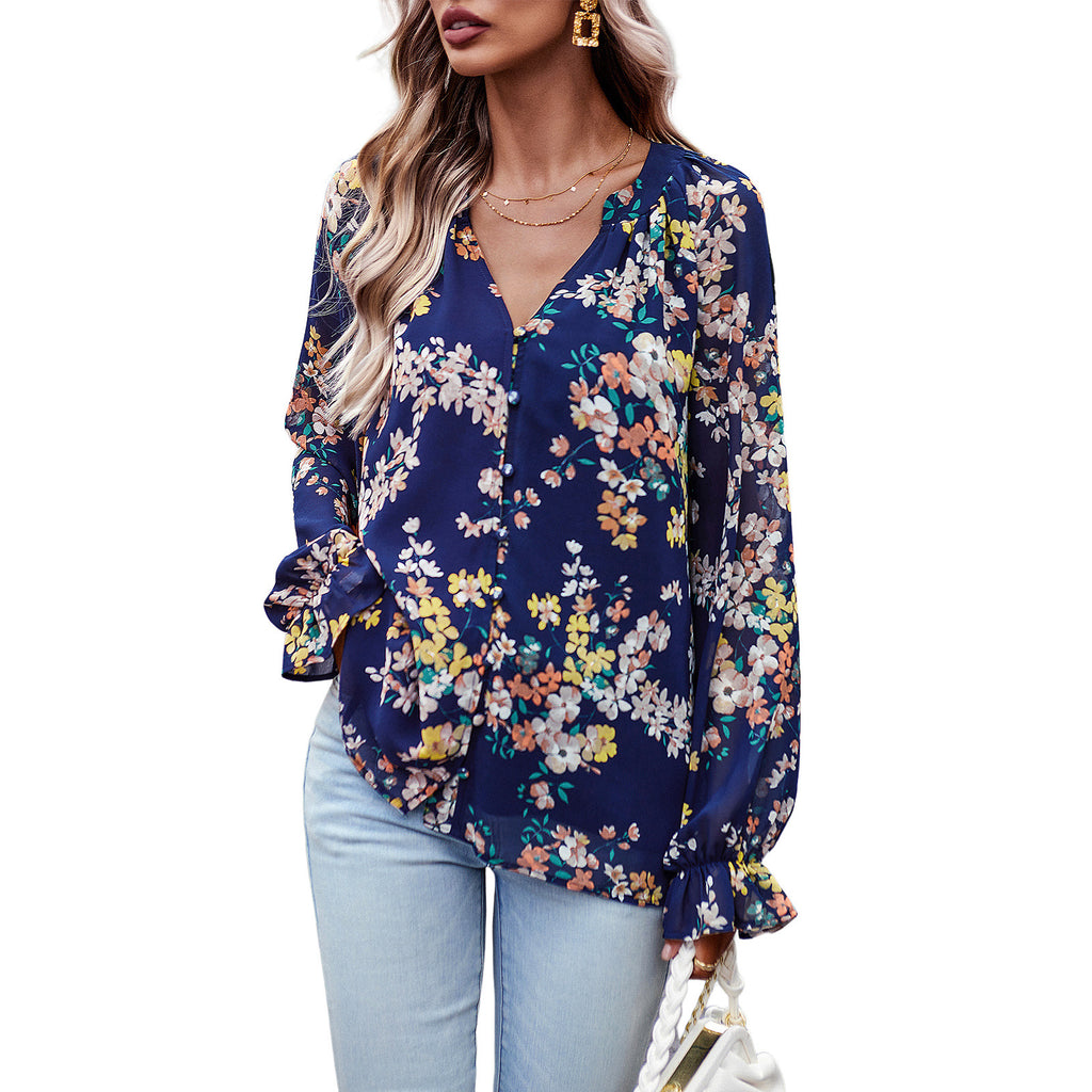 Women's Blouse Long Sleeve Blouses Printing Button Vintage Style Flower - view 2