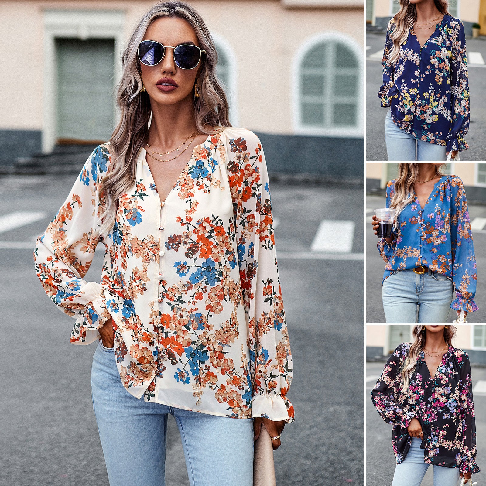 Women's Blouse Long Sleeve Blouses Printing Button Vintage Style Flower - front view