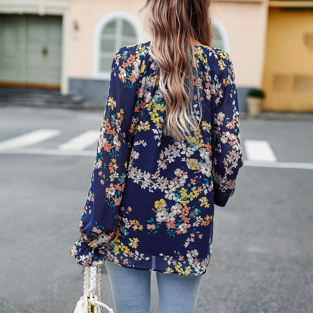 Women's Blouse Long Sleeve Blouses Printing Button Vintage Style Flower - view 3