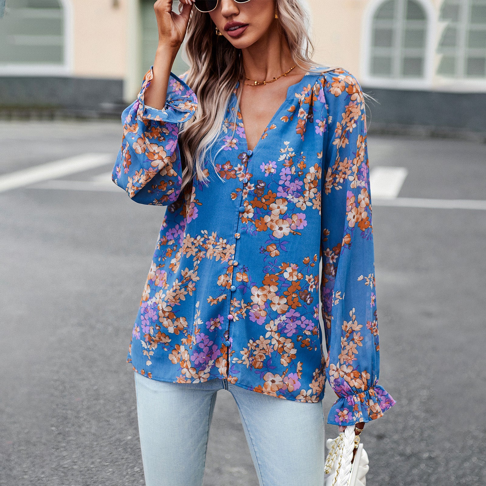 Women's Blouse Long Sleeve Blouses Printing Button Vintage Style Flower - view 4