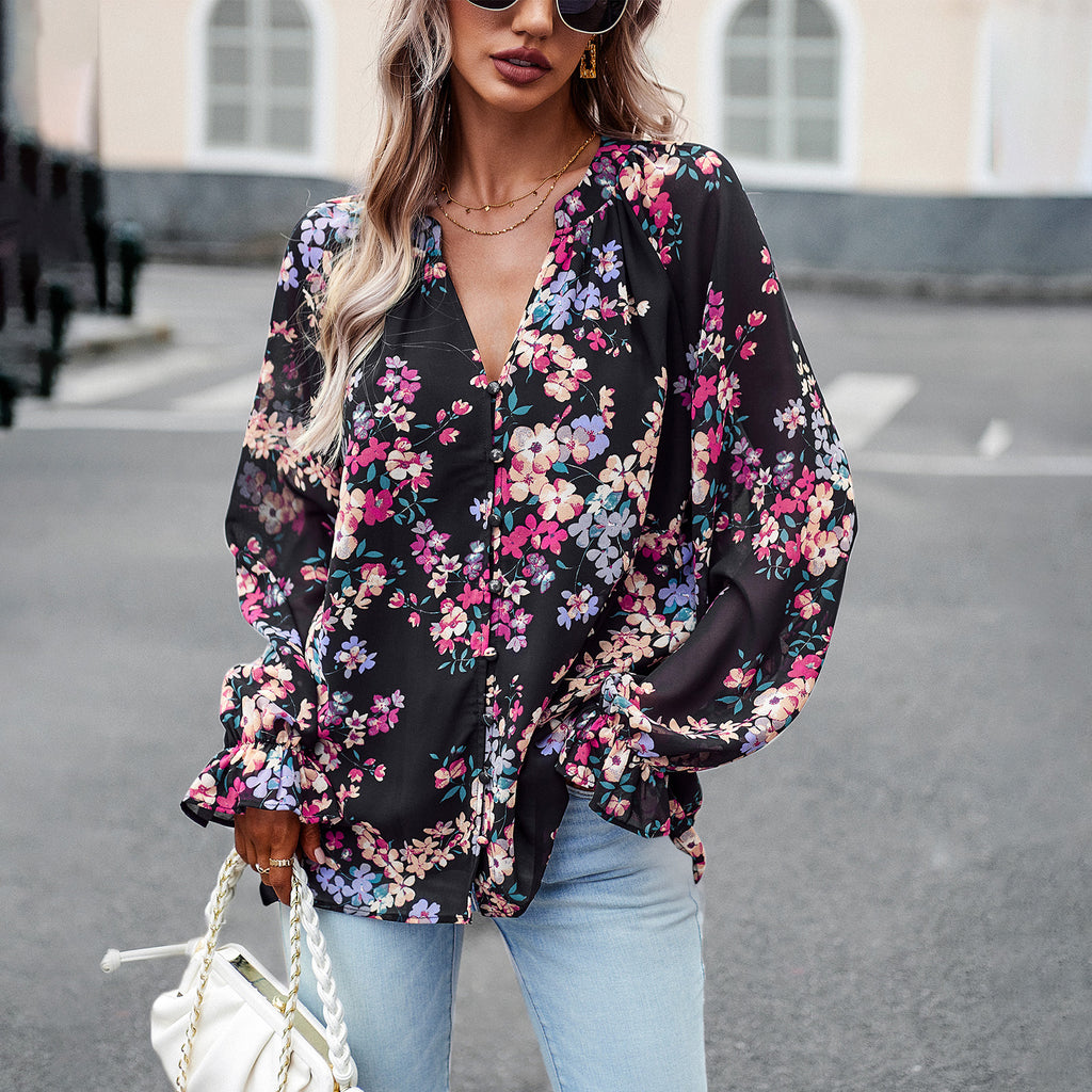 Women's Blouse Long Sleeve Blouses Printing Button Vintage Style Flower - view 5