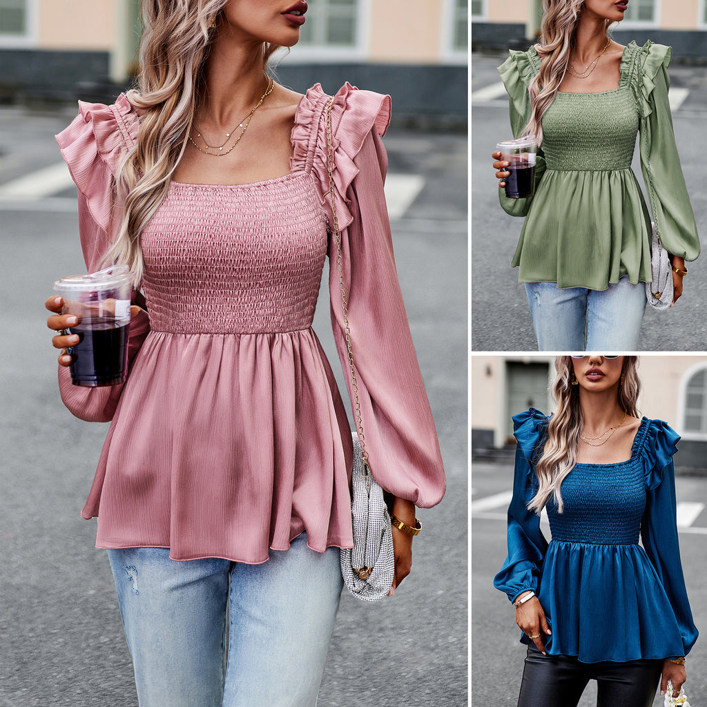Women's Blouse Long Sleeve Blouses Lettuce Trim Casual Solid Color - front view