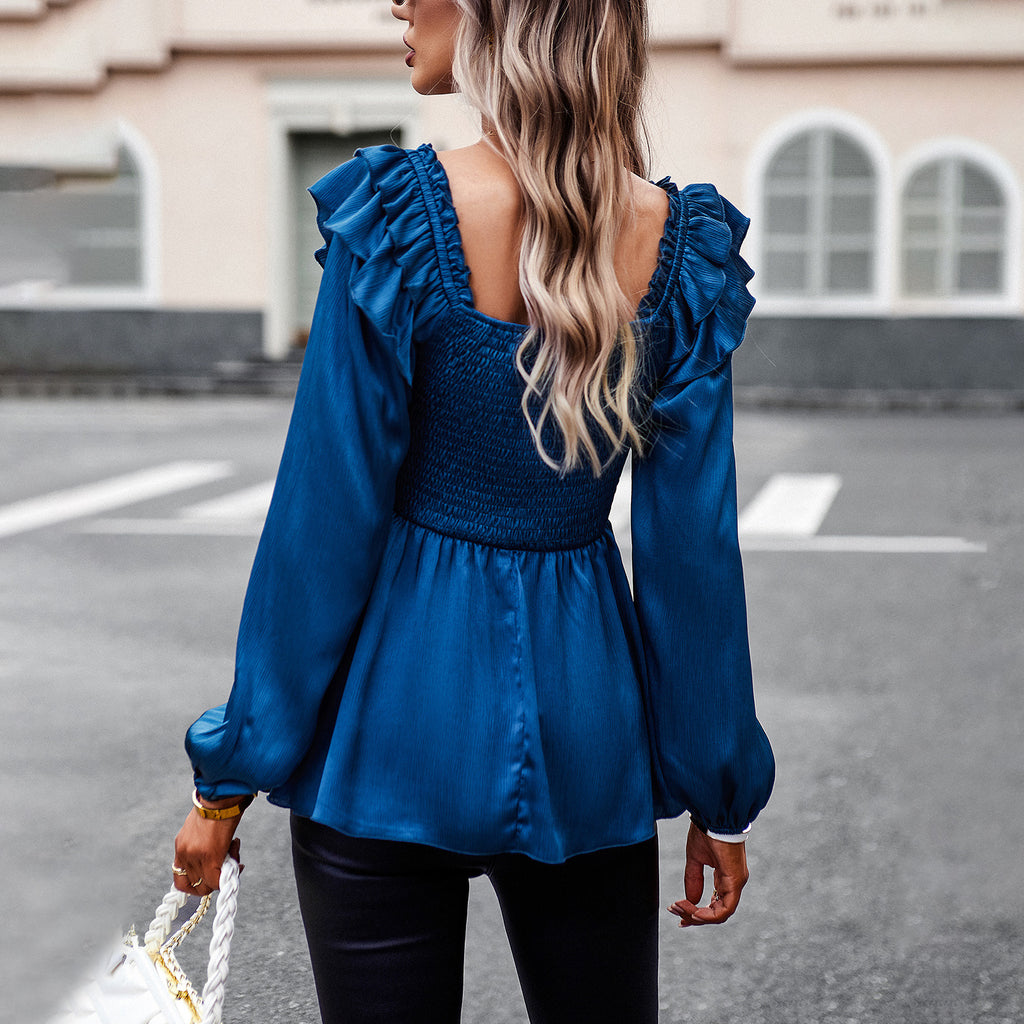 Women's Blouse Long Sleeve Blouses Lettuce Trim Casual Solid Color - view 5