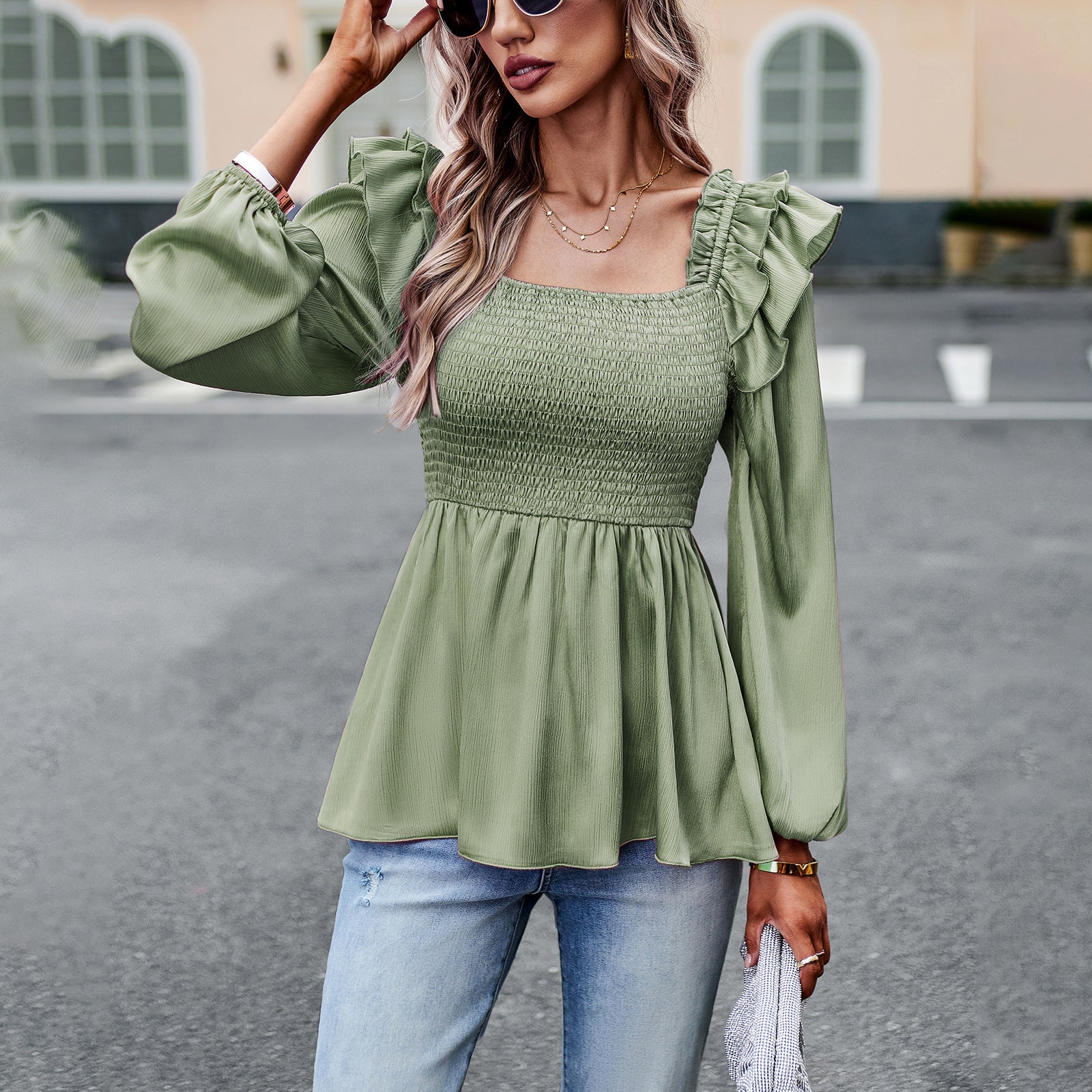 Women's Blouse Long Sleeve Blouses Lettuce Trim Casual Solid Color - view 2