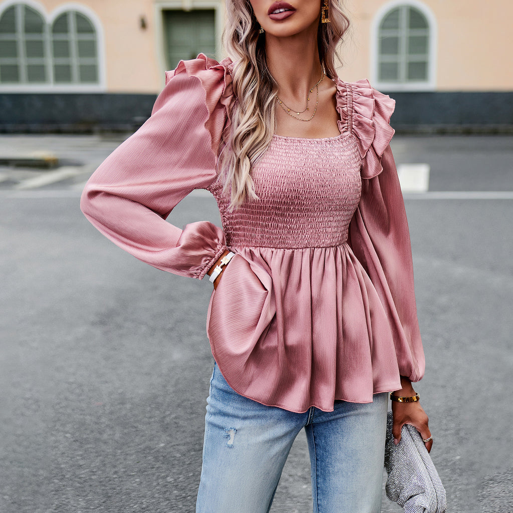 Women's Blouse Long Sleeve Blouses Lettuce Trim Casual Solid Color - view 3