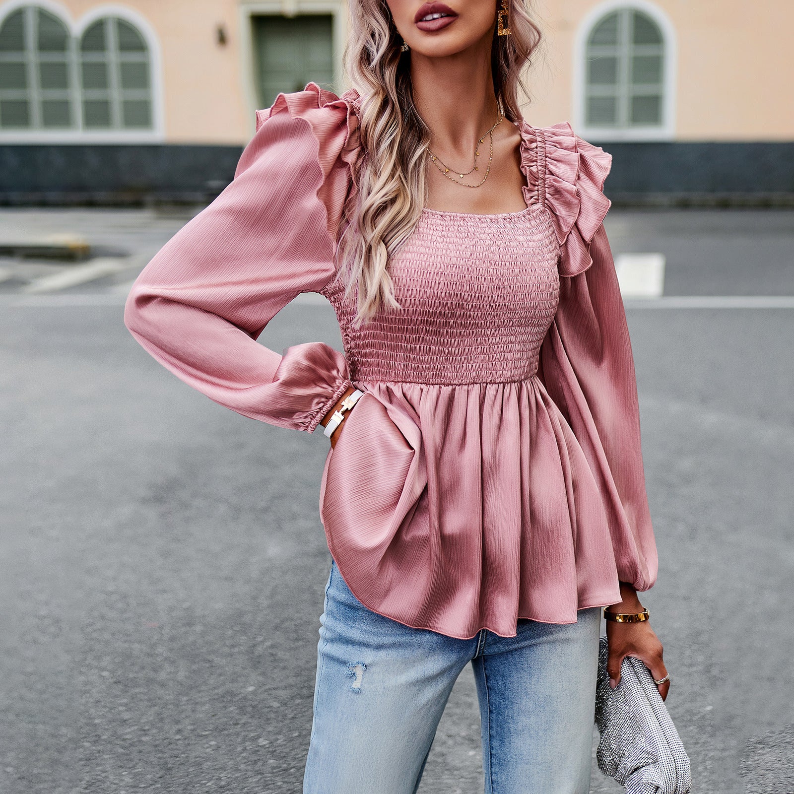 Women's Blouse Long Sleeve Blouses Lettuce Trim Casual Solid Color - view 3