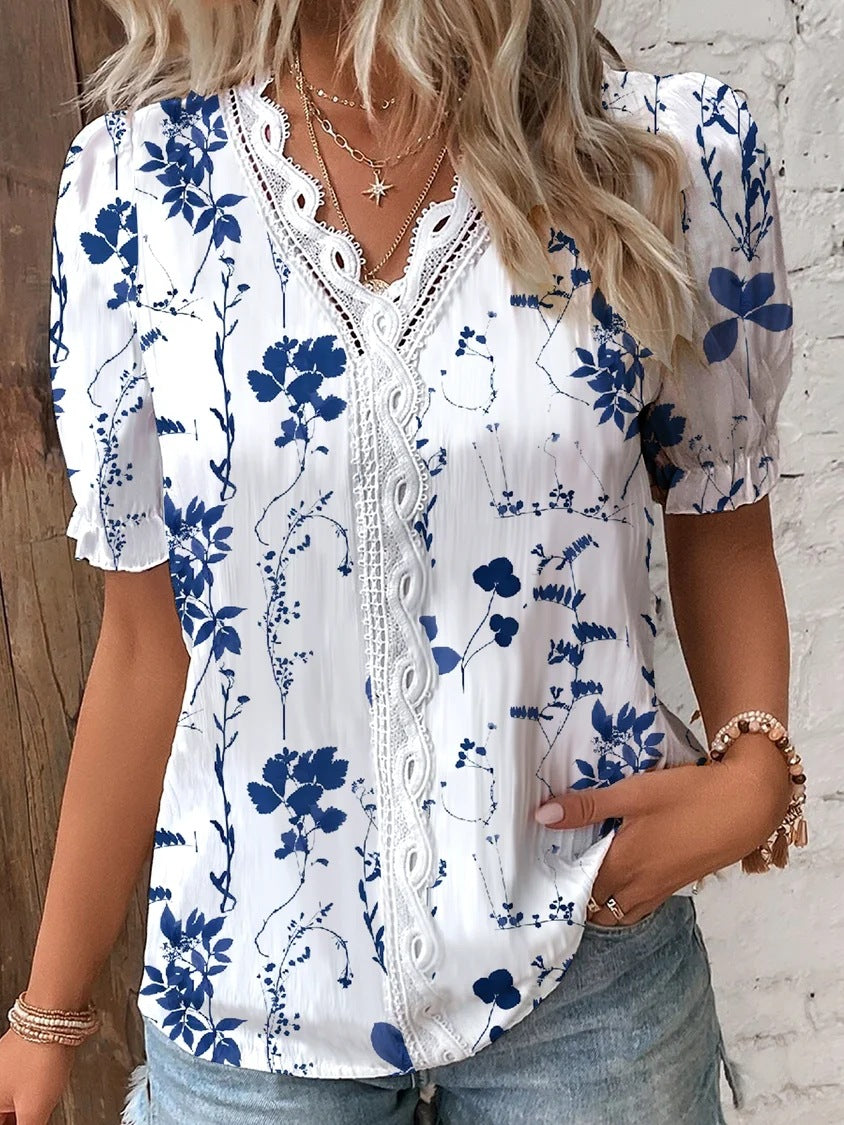 Wholesale Women's Casual Flower Short Sleeve Printing Blouses - view 2