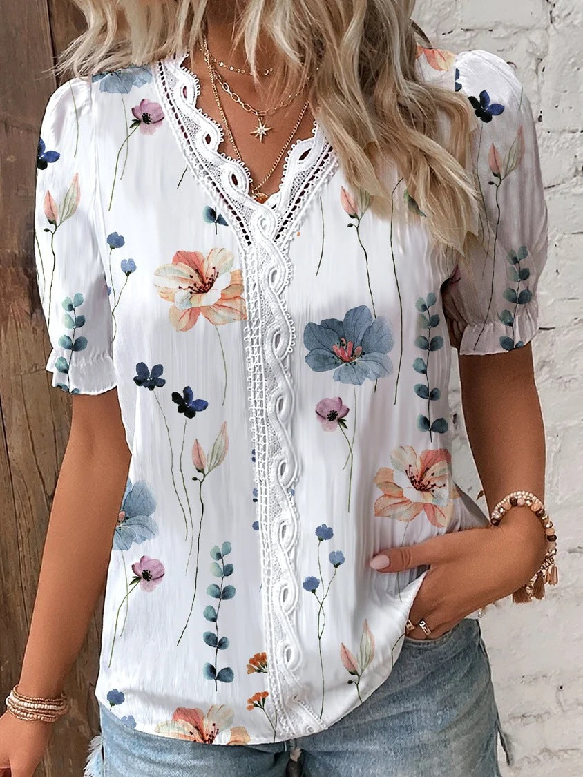 Wholesale Women's Casual Flower Short Sleeve Printing Blouses - view 3