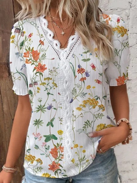 Wholesale Women's Casual Flower Short Sleeve Printing Blouses - view 5