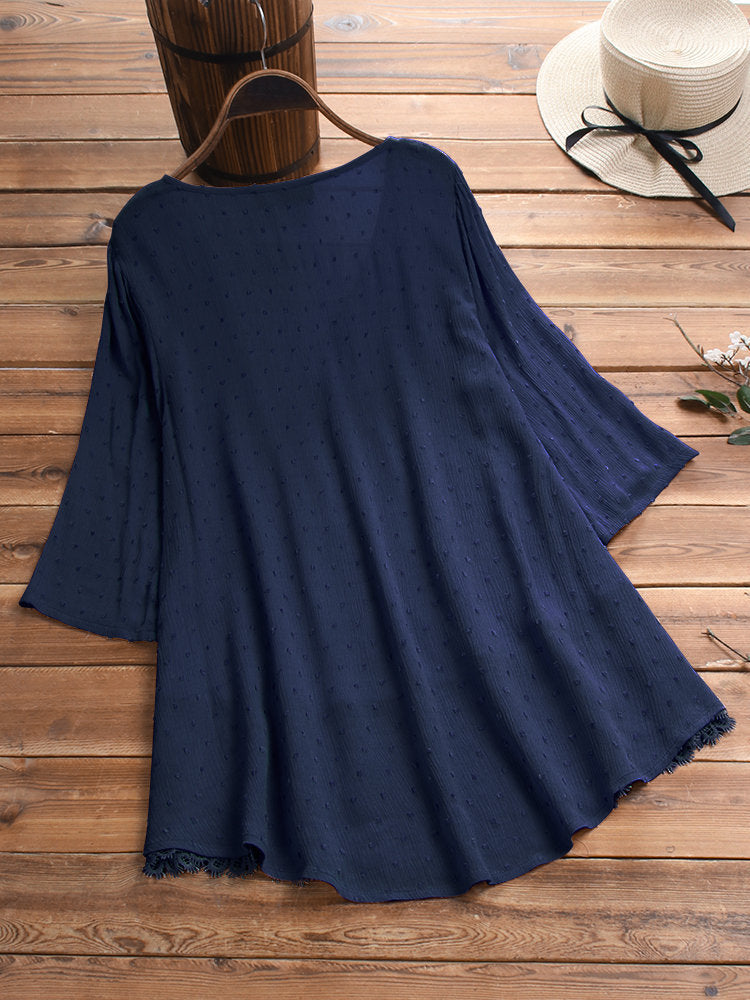 Women's Blouse 3/4 Length Sleeve Blouses Jacquard Casual Solid Color - view 3