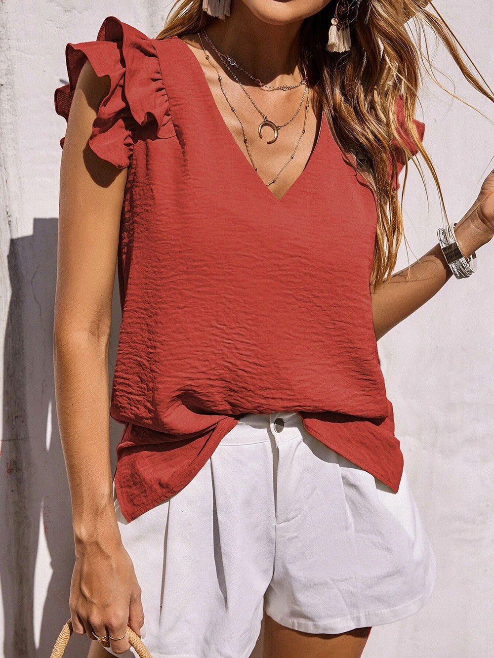 Wholesale Women's Casual Solid Color Sleeveless Ruffles Blouses - view 3