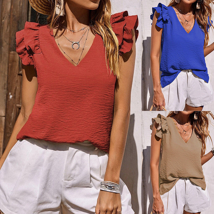 Wholesale Women's Casual Solid Color Sleeveless Ruffles Blouses - view 4