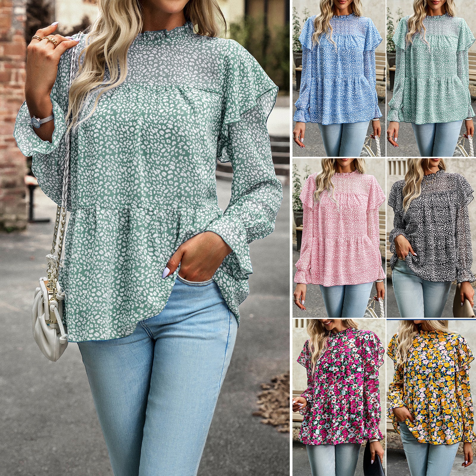 Women's Blouse Long Sleeve Blouses Printing Lettuce Trim Casual Ditsy Floral - front view
