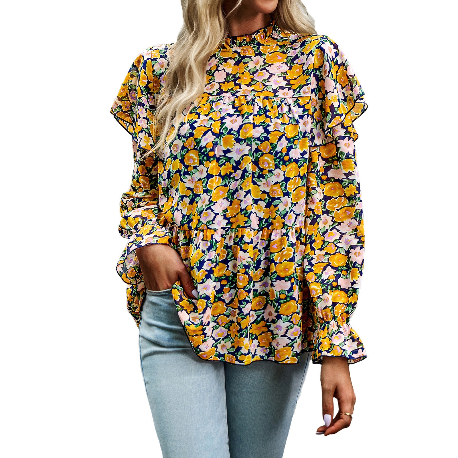 Women's Blouse Long Sleeve Blouses Printing Lettuce Trim Casual Ditsy Floral - view 2