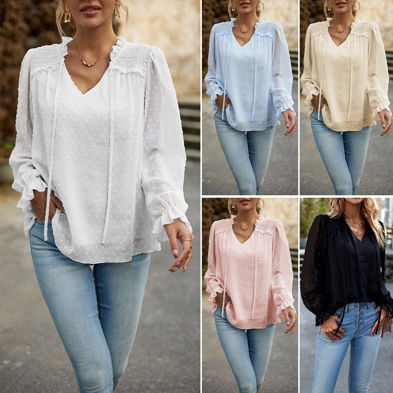 Women's Blouse Long Sleeve Blouses Casual Solid Color - front view