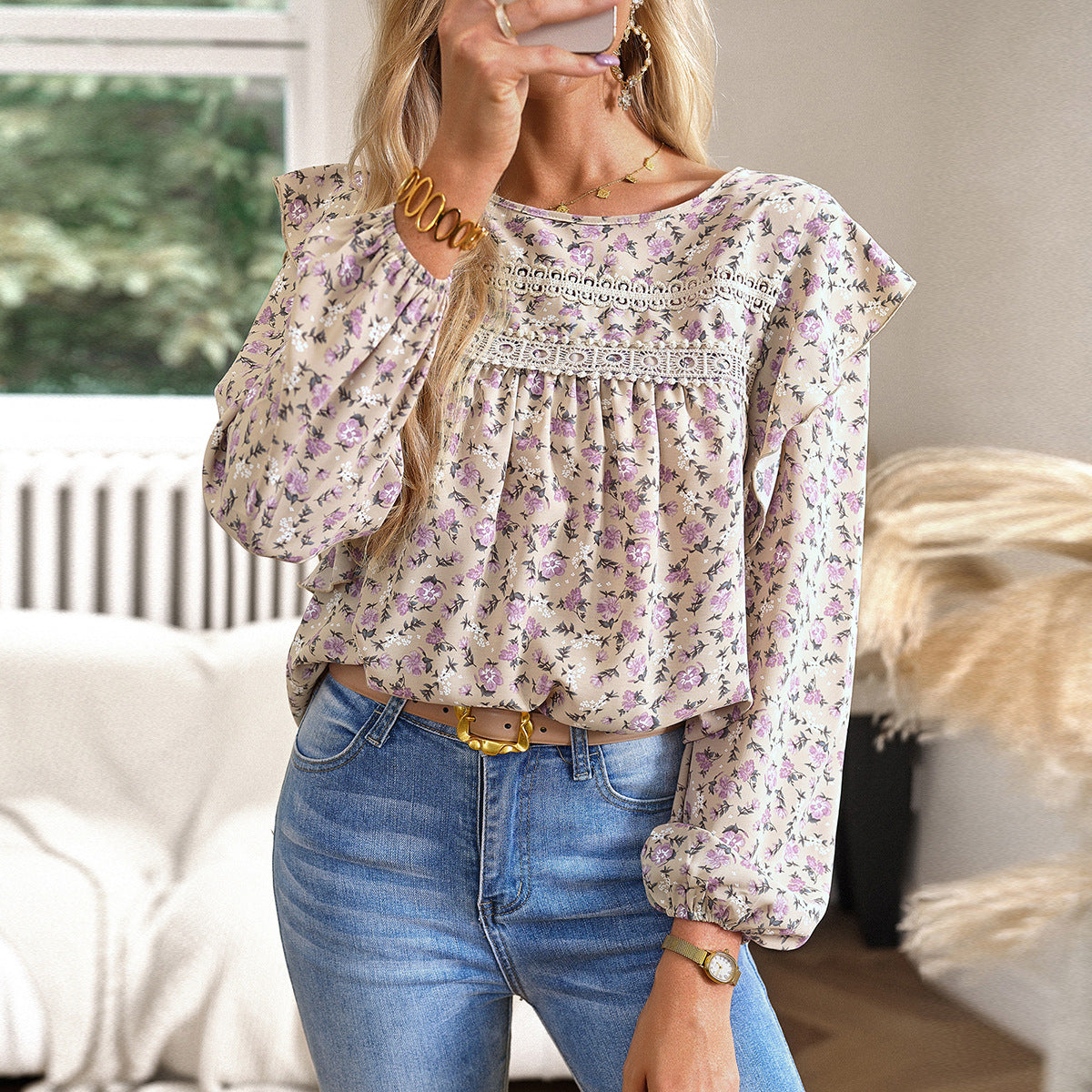 Women's Blouse Long Sleeve Blouses Printing Casual Ditsy Floral - view 2