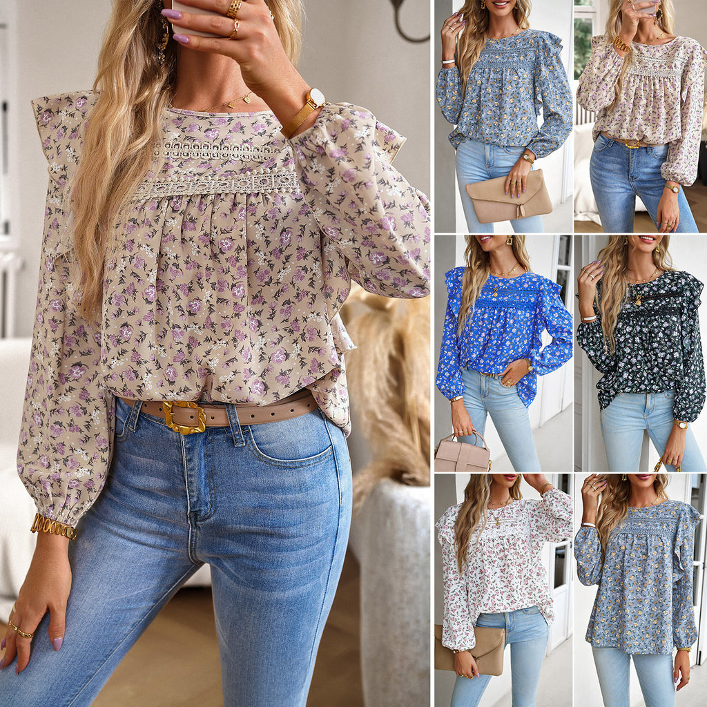 Women's Blouse Long Sleeve Blouses Printing Casual Ditsy Floral - front view