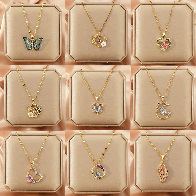 Golden Plated White K Plated 201 Stainless Steel Electroplated Resin Rhinestones Glass Heart Shape Flower Handmade Cable Chain Pendant Necklace - front view