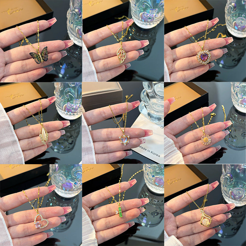 Golden Plated White K Plated 201 Stainless Steel Electroplated Resin Rhinestones Glass Heart Shape Flower Handmade Cable Chain Pendant Necklace - view 2