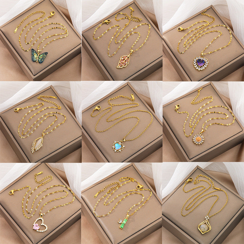 Golden Plated White K Plated 201 Stainless Steel Electroplated Resin Rhinestones Glass Heart Shape Flower Handmade Cable Chain Pendant Necklace - view 4