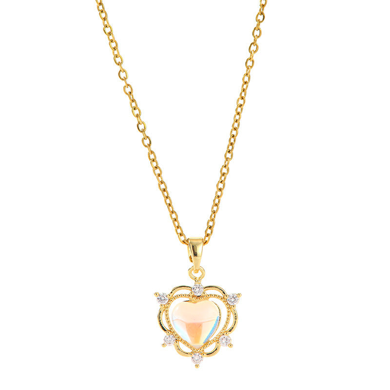 Golden Plated White K Plated 201 Stainless Steel Electroplated Resin Rhinestones Glass Heart Shape Flower Handmade Cable Chain Pendant Necklace - view 3