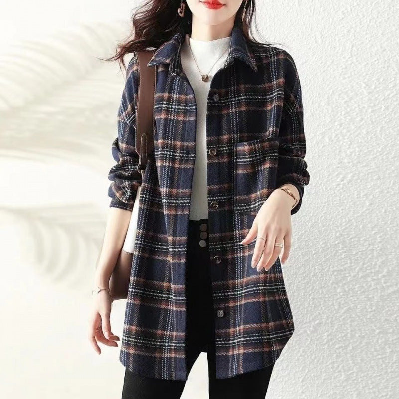 Women's Blouse Long Sleeve Blouses Button Vintage Style Plaid - front view