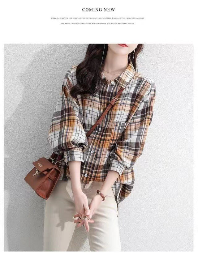 Women's Blouse Long Sleeve Blouses Button Vintage Style Plaid - view 2