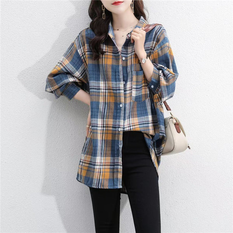 Women's Blouse Long Sleeve Blouses Button Vintage Style Plaid - view 4