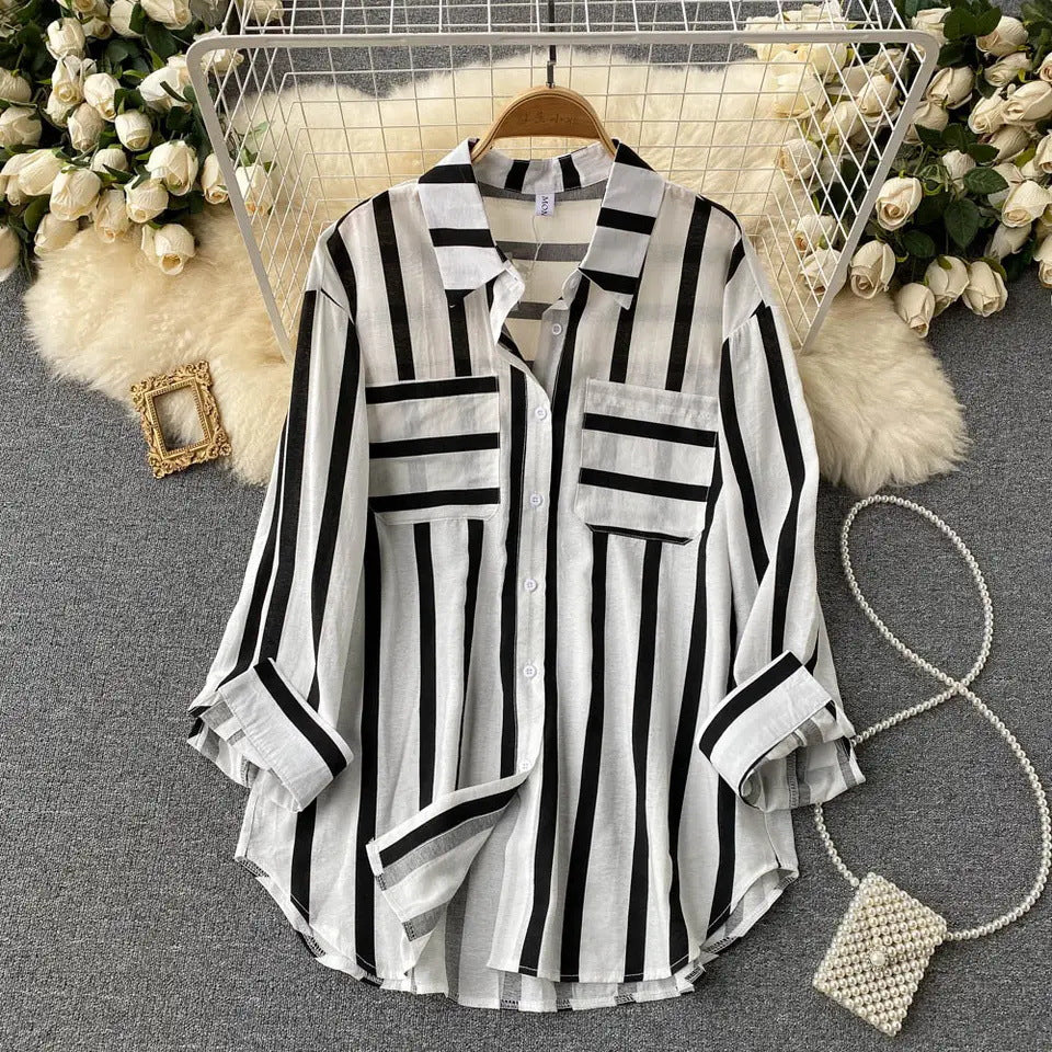 Wholesale Women's Casual Stripe Long Sleeve Blouses - front view