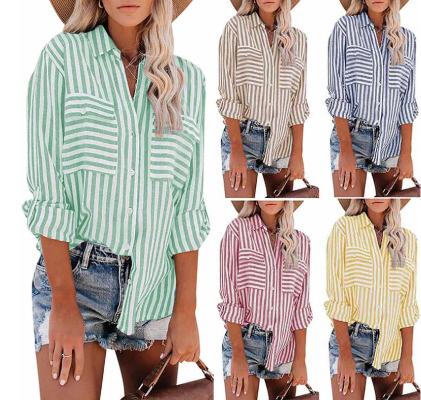 Wholesale Women's Casual Stripe Long Sleeve Blouses - front view