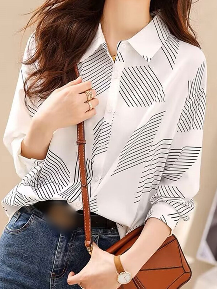 Wholesale Women's Casual Stripe Long Sleeve Blouses - front view
