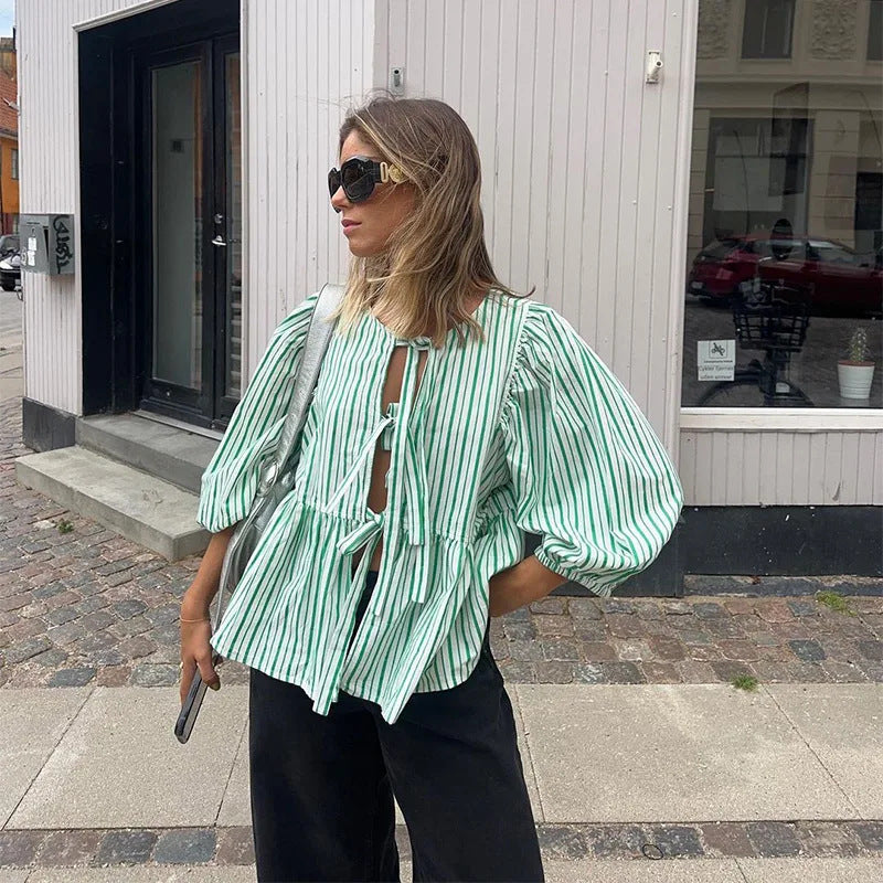 Wholesale Women's Simple Style Stripe Half Sleeve Printing Patchwork Blouses - front view