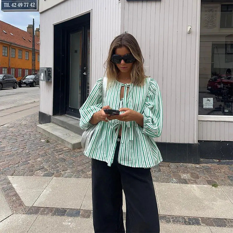 Wholesale Women's Simple Style Stripe Half Sleeve Printing Patchwork Blouses - view 2