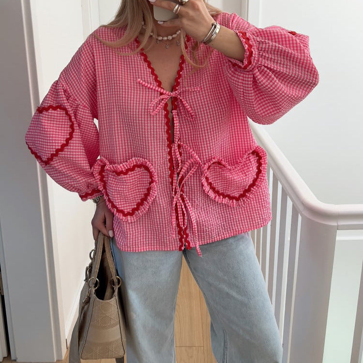 Wholesale Women's Streetwear Plaid Heart Shape Long Sleeve Blouses - view 3